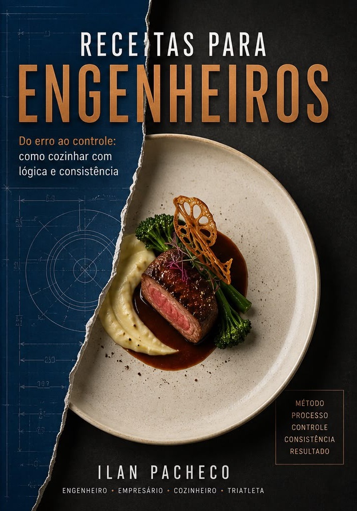 Capa do livro Receitas para Engenheiros, de Ilan Pacheco: prato de carne com purê sobre fundo azul de planta técnica.